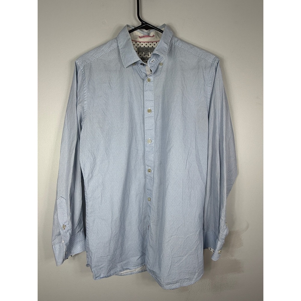 Ted Baker London Mens‎ Size 3 Blue Geometric Floral Print Button Down Shirt L/S